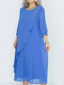 New Women's Long Dress Maxi Dress Casual Dress Cocktail Dress Wedding Guest Dress Chiffon Dress Elegant Stylish Work Daily Engagement Loose Fit Plain 3/4 Length Sleeve Crew Neck Black Royal Blue Purple Women Cocktail Dress