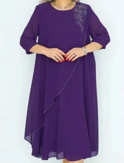 New Women's Long Dress Maxi Dress Casual Dress Cocktail Dress Wedding Guest Dress Chiffon Dress Elegant Stylish Work Daily Engagement Loose Fit Plain 3/4 Length Sleeve Crew Neck Black Royal Blue Purple Women Cocktail Dress
