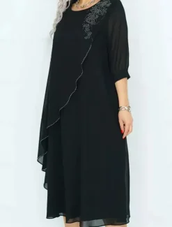 New Women's Long Dress Maxi Dress Casual Dress Cocktail Dress Wedding Guest Dress Chiffon Dress Elegant Stylish Work Daily Engagement Loose Fit Plain 3/4 Length Sleeve Crew Neck Black Royal Blue Purple Women Cocktail Dress