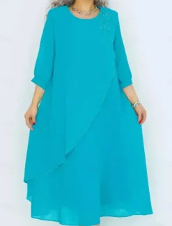 New Women's Long Dress Maxi Dress Casual Dress Cocktail Dress Wedding Guest Dress Chiffon Dress Elegant Stylish Work Daily Engagement Loose Fit Plain 3/4 Length Sleeve Crew Neck Black Royal Blue Purple Women Cocktail Dress