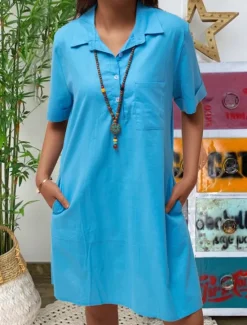 Best Women's Long Dress Maxi Dress Cotton Linen Dresses Casual Dress Elegant Stylish Basic Vacation Casual Daily Loose Fit Plain Short Sleeve Shirt Collar Yellow Pink Blue Summer Spring Women Dresses