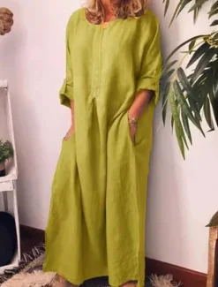 Best Women's Long Dress Maxi Dress Linen-Inspired Dresses Casual Dress Cotton Linen Dress Stylish Casual Vacation Daily Date Regular Fit Plain Long Sleeve Crew Neck White Yellow Blue Summer Spring Women Dresses