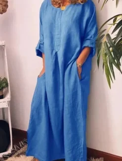 Best Women's Long Dress Maxi Dress Linen-Inspired Dresses Casual Dress Cotton Linen Dress Stylish Casual Vacation Daily Date Regular Fit Plain Long Sleeve Crew Neck White Yellow Blue Summer Spring Women Dresses