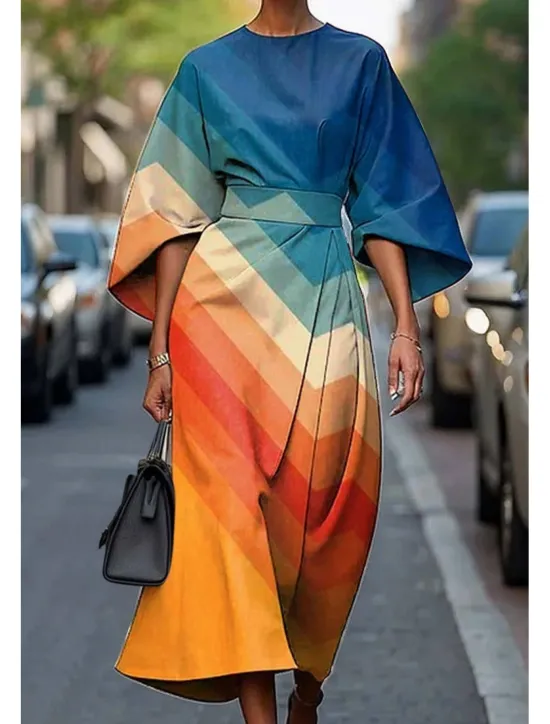Online Women's Long Dress Maxi Dress Casual Dress Summer Dress Fashion Modern Daily Date Weekend Regular Fit Geometric 3/4 Length Sleeve Crew Neck Pink Blue Purple Fuchsia Summer Women Floral Dresses