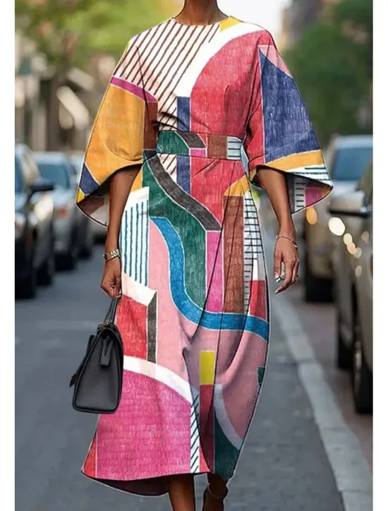 Online Women's Long Dress Maxi Dress Casual Dress Summer Dress Fashion Modern Daily Date Weekend Regular Fit Geometric 3/4 Length Sleeve Crew Neck Pink Blue Purple Fuchsia Summer Women Floral Dresses