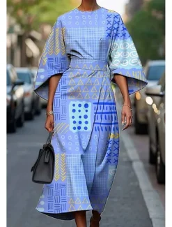 Online Women's Long Dress Maxi Dress Casual Dress Summer Dress Fashion Modern Daily Date Weekend Regular Fit Geometric 3/4 Length Sleeve Crew Neck Pink Blue Purple Fuchsia Summer Women Floral Dresses