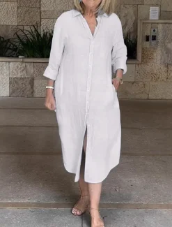 Clearance Women's Long Dress Maxi Dress Linen-Inspired Dresses Cotton Linen Dress Elegant Regular Fit 3/4 Length Sleeve V Neck Navy White Summer Spring Women Dresses