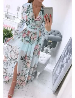 Best Women's Long Dress Maxi Dress Cocktail Dress Print Dress Fashion Outdoor Tea Party Weekend Regular Fit Flower Long Sleeve V Neck Pink Purple Light Blue Summer Women Floral Dresses