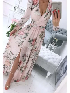 Best Women's Long Dress Maxi Dress Cocktail Dress Print Dress Fashion Outdoor Tea Party Weekend Regular Fit Flower Long Sleeve V Neck Pink Purple Light Blue Summer Women Floral Dresses