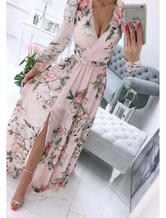 Best Women's Long Dress Maxi Dress Cocktail Dress Print Dress Fashion Outdoor Tea Party Weekend Regular Fit Flower Long Sleeve V Neck Pink Purple Light Blue Summer Women Floral Dresses