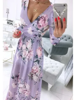 Best Women's Long Dress Maxi Dress Cocktail Dress Print Dress Fashion Outdoor Tea Party Weekend Regular Fit Flower Long Sleeve V Neck Pink Purple Light Blue Summer Women Floral Dresses