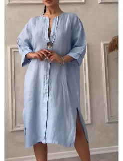 Hot Women's Long Dress Maxi Dress Linen-Inspired Dresses Cotton Linen Dress Hawaiian Regular Fit Solid Color Long Sleeve Crew Neck Light Blue Apricot Summer Spring Women Dresses