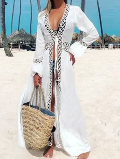 Online Women's Long Dress Maxi Dress Dress Summer Dress Boho Dress Cover Up Streetwear Maxi Vacation Holiday Beach Loose Fit Long Sleeve V Neck Summer Women White Dresses