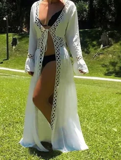 Online Women's Long Dress Maxi Dress Dress Summer Dress Boho Dress Cover Up Streetwear Maxi Vacation Holiday Beach Loose Fit Long Sleeve V Neck Summer Women White Dresses