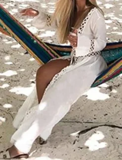 Online Women's Long Dress Maxi Dress Dress Summer Dress Boho Dress Cover Up Streetwear Maxi Vacation Holiday Beach Loose Fit Long Sleeve V Neck Summer Women White Dresses