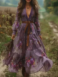 Best Women's Long Dress Maxi Dress Casual Dress Swing Dress Summer Dress Boho Dress Vintage Vacation Daily Holiday Regular Fit Floral Graphic Long Sleeve V Neck Purple Summer Women Floral Dresses