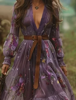 Best Women's Long Dress Maxi Dress Casual Dress Swing Dress Summer Dress Boho Dress Vintage Vacation Daily Holiday Regular Fit Floral Graphic Long Sleeve V Neck Purple Summer Women Floral Dresses