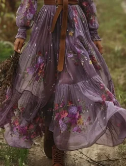Best Women's Long Dress Maxi Dress Casual Dress Swing Dress Summer Dress Boho Dress Vintage Vacation Daily Holiday Regular Fit Floral Graphic Long Sleeve V Neck Purple Summer Women Floral Dresses
