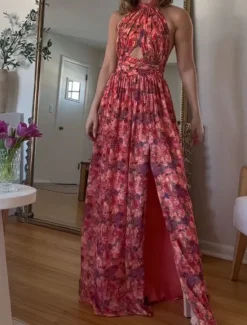 Online Women's Long Dress Maxi Dress Casual Dress Floral Dress Fashion Elegant Dress Outdoor Party Holiday Regular Fit Flower Sleeveless Halter Neck Summer Women Floral Dresses