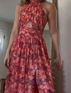 Online Women's Long Dress Maxi Dress Casual Dress Floral Dress Fashion Elegant Dress Outdoor Party Holiday Regular Fit Flower Sleeveless Halter Neck Summer Women Floral Dresses