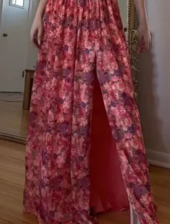 Online Women's Long Dress Maxi Dress Casual Dress Floral Dress Fashion Elegant Dress Outdoor Party Holiday Regular Fit Flower Sleeveless Halter Neck Summer Women Floral Dresses