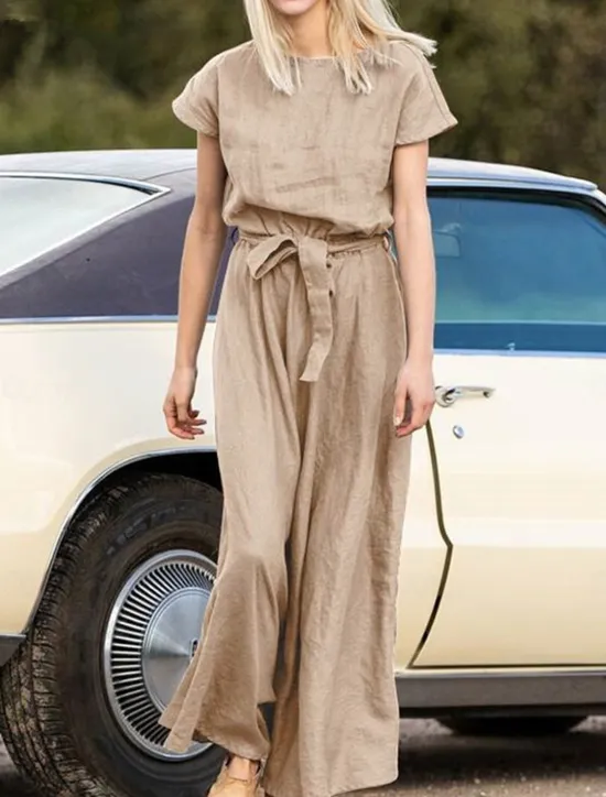 Hot Women's Long Dress Maxi Dress Linen-Inspired Dresses Casual Dress Summer Dress Plain Dress Streetwear Maxi Basic Vacation Street Holiday Loose Fit Short Sleeve Crew Neck Khaki Dark Blue Coffee Summer Women Dresses