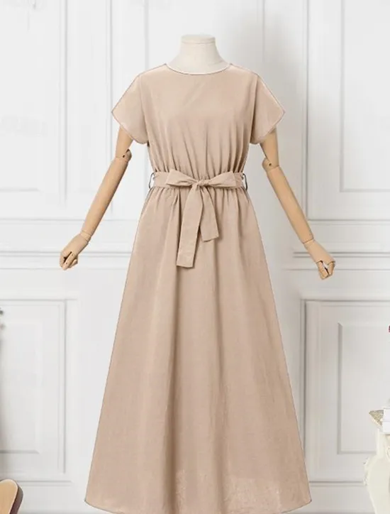 Hot Women's Long Dress Maxi Dress Linen-Inspired Dresses Casual Dress Summer Dress Plain Dress Streetwear Maxi Basic Vacation Street Holiday Loose Fit Short Sleeve Crew Neck Khaki Dark Blue Coffee Summer Women Dresses