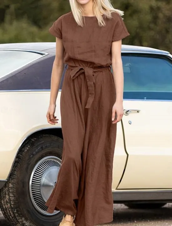 Hot Women's Long Dress Maxi Dress Linen-Inspired Dresses Casual Dress Summer Dress Plain Dress Streetwear Maxi Basic Vacation Street Holiday Loose Fit Short Sleeve Crew Neck Khaki Dark Blue Coffee Summer Women Dresses