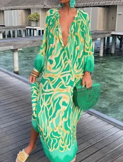 Online Women's Long Dress Maxi Dress Casual Dress Summer Dress Fashion Outdoor Holiday Date Regular Fit Geometric Long Sleeve Deep V Purple Orange Green Summer Spring Women Vacation Dresses