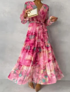 New Women's Long Dress Maxi Dress Chiffon Dress A Line Dress Elegant Formal Party Wedding Guest Daily Regular Fit Floral Long Sleeve V Neck Summer Women Floral Dresses