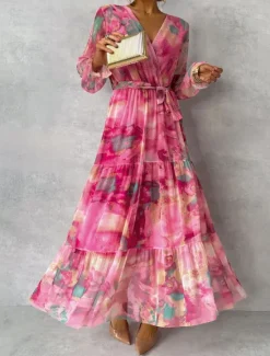 New Women's Long Dress Maxi Dress Chiffon Dress A Line Dress Elegant Formal Party Wedding Guest Daily Regular Fit Floral Long Sleeve V Neck Summer Women Floral Dresses