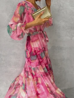 New Women's Long Dress Maxi Dress Chiffon Dress A Line Dress Elegant Formal Party Wedding Guest Daily Regular Fit Floral Long Sleeve V Neck Summer Women Floral Dresses