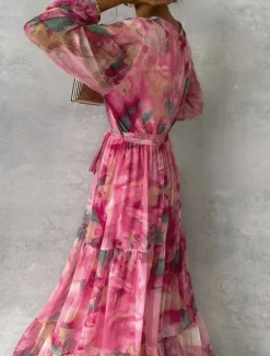 New Women's Long Dress Maxi Dress Chiffon Dress A Line Dress Elegant Formal Party Wedding Guest Daily Regular Fit Floral Long Sleeve V Neck Summer Women Floral Dresses