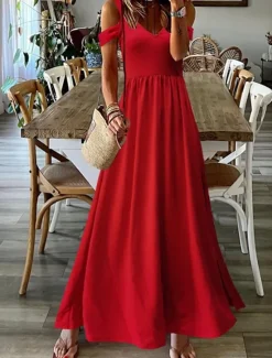 Women's Long Dress Maxi Dress Casual Dress Swing Dress Fashion Outdoor Party Holiday Regular Fit Plain Sleeveless V Neck Black Red Green Summer Women Work Dresses