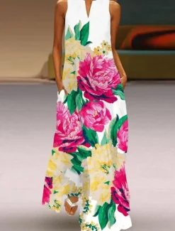 Women's Long Dress Maxi Dress Casual Dress Summer Dress Fashion Outdoor Party Holiday Regular Fit Flower Sleeveless V Neck Black White Pink Summer Women Floral Dresses