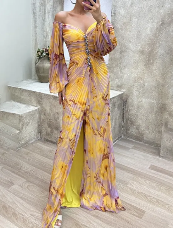 Sale Women's Long Dress Maxi Dress Party Dress Ruched Dress Fashion Party Evening Party Regular Fit Flower Long Sleeve V Neck Yellow Wine Blue Green Summer Women Floral Dresses