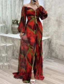 Sale Women's Long Dress Maxi Dress Party Dress Ruched Dress Fashion Party Evening Party Regular Fit Flower Long Sleeve V Neck Yellow Wine Blue Green Summer Women Floral Dresses