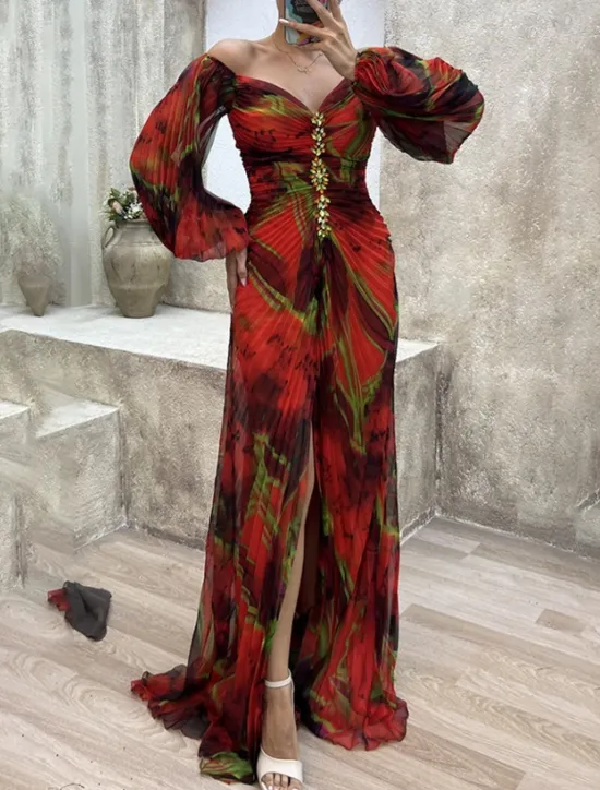 Sale Women's Long Dress Maxi Dress Party Dress Ruched Dress Fashion Party Evening Party Regular Fit Flower Long Sleeve V Neck Yellow Wine Blue Green Summer Women Floral Dresses