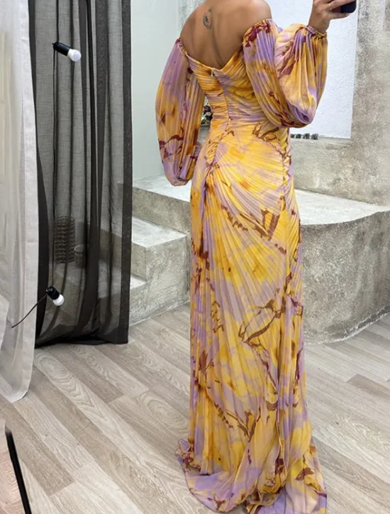 Sale Women's Long Dress Maxi Dress Party Dress Ruched Dress Fashion Party Evening Party Regular Fit Flower Long Sleeve V Neck Yellow Wine Blue Green Summer Women Floral Dresses