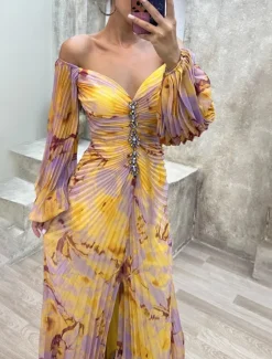 Sale Women's Long Dress Maxi Dress Party Dress Ruched Dress Fashion Party Evening Party Regular Fit Flower Long Sleeve V Neck Yellow Wine Blue Green Summer Women Floral Dresses