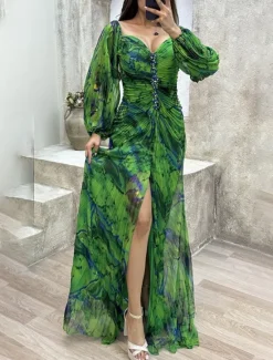 Sale Women's Long Dress Maxi Dress Party Dress Ruched Dress Fashion Party Evening Party Regular Fit Flower Long Sleeve V Neck Yellow Wine Blue Green Summer Women Floral Dresses