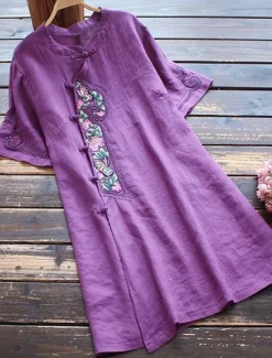 Online Women's Long Dress Maxi Dress Linen-Inspired Dresses Casual Dress Vintage Stylish Casual Vacation Daily Regular Fit Floral Short Sleeve Stand Collar Blue Purple Summer Women Spring Dresses