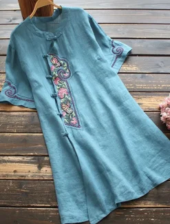 Online Women's Long Dress Maxi Dress Linen-Inspired Dresses Casual Dress Vintage Stylish Casual Vacation Daily Regular Fit Floral Short Sleeve Stand Collar Blue Purple Summer Women Spring Dresses