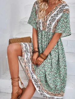 Best Women's Long Dress Maxi Dress A Line Dress Summer Dress Boho Dress Elegant Hawaiian Stylish Vacation Daily Date Regular Fit Floral Short Sleeve V Neck Summer Women Spring Dresses