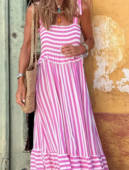 Online Women's Long Dress Maxi Dress Summer Dress Cami Dress Hawaiian Stylish Casual Vacation Daily Date Regular Fit Stripe Sleeveless Square Neck Pink Blue Summer Women Spring Dresses
