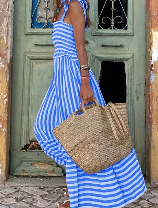 Online Women's Long Dress Maxi Dress Summer Dress Cami Dress Hawaiian Stylish Casual Vacation Daily Date Regular Fit Stripe Sleeveless Square Neck Pink Blue Summer Women Spring Dresses
