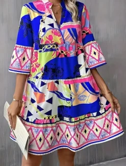 Sale Women's Long Dress Maxi Dress Casual Dress A Line Dress Elegant Stylish Basic Flared Sleeve Vacation Daily Regular Fit Geometric Half Sleeve V Neck Blue Green Summer Spring Women Vacation Dresses