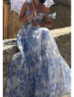 Discount Women's Long Dress Maxi Dress Party Dress Cocktail Dress Fashion Party Special Occasion Regular Fit Flower Sleeveless Spaghetti Strap Blue Light Purple Summer Women Floral Dresses