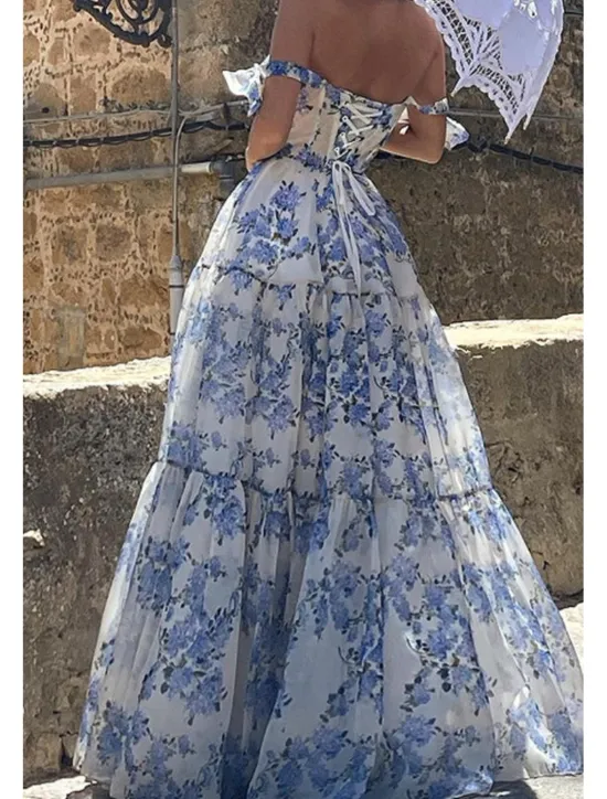 Discount Women's Long Dress Maxi Dress Party Dress Cocktail Dress Fashion Party Special Occasion Regular Fit Flower Sleeveless Spaghetti Strap Blue Light Purple Summer Women Floral Dresses
