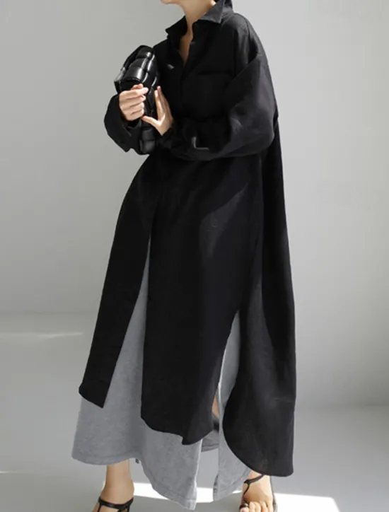 Online Women's Long Dress Maxi Dress Linen-Inspired Dresses Shirt Dress Casual Dress Cotton Linen Dress Stylish Casual Vacation Daily Date Regular Fit Plain Long Sleeve Lapel Black Navy Blue Apricot Summer Women Dresses